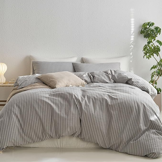 MooMee Striped Duvet Cover Set 100% Washed Cotton Linen Like Textured Breathable Durable Soft Comfy (Light Grey White Wide Stripes, Alaska King 132"x120")