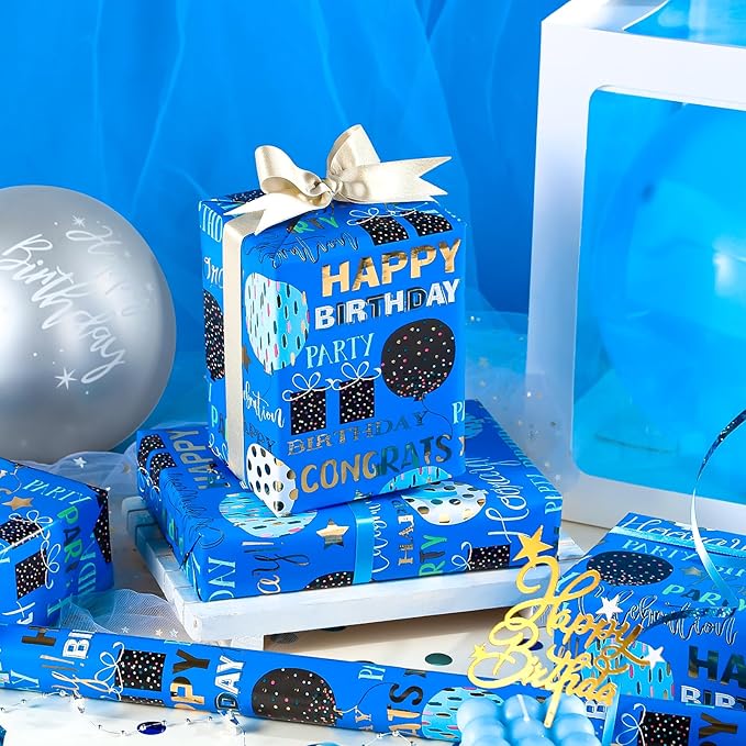 WRAPAHOLIC Birthday Wrapping Paper - Mini Roll - 17 Inch x 16.5 Feet - Blue Gold Foil Happy Birthday Wrapping Paper for Kids, Boys, Men, Baby Shower