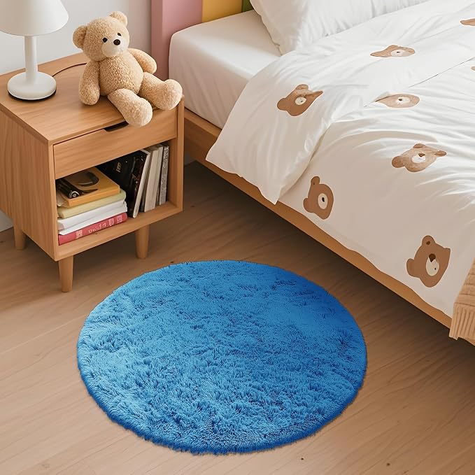 OLANLY Bright Blue Round Rugs for Bedroom - Machine Washable, 2 ft Circle Area Rugs for Living Room, Soft and Fluffy Shaggy Carpet for Teen Girl and Boys, Nursery Rooms, Dorms, Home Decor Aesthetic