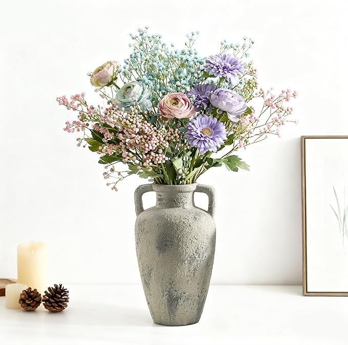 Large Vase with Handle - Ceramic Rustic Vase, 11.41 inch Tall Terracotta Flower Vase with 2 Handles, Decorative Vases for Home Decor, Dining Table, Living Room, Kitchen, Office