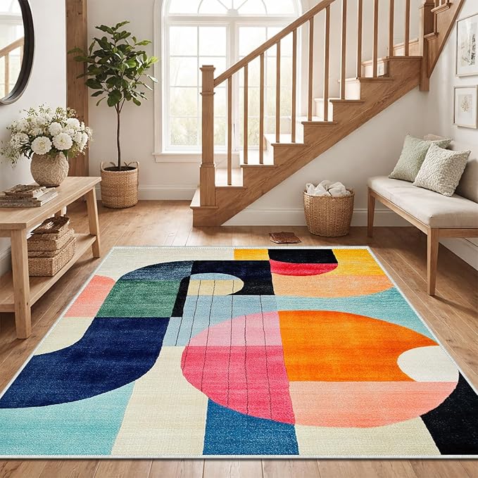 6x9 Colorful Area Rug Modern Abstract Orange Yellow Pink Blue White Beige Black Bedroom Rug Low Pile Thin Large Carpet Living Room Non Slip Dining Room Stain Resistant Office Washable Machine
