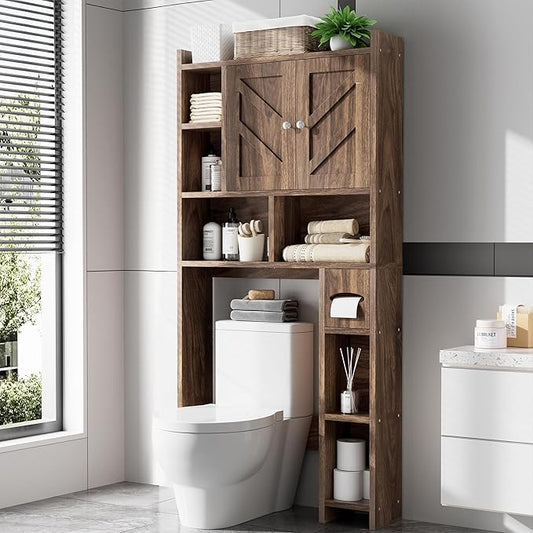 Over the Toilet Storage Cabinet, Freestanding Storage Cabinet Over Toilet, Bathroom Storages Organizer Cabinets with Toilet Paper Holder Stand and Adjustable Shelf, Walnut