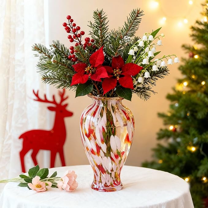 QFkris Hand Blown Glass Vase for Flowers, 12 Inch Tall Crystal Flower Vases for Bouquet Home Decor Decorative Centerpieces, Unique for Mom, Valentine's Day Gift for Her Lover Girlfriend