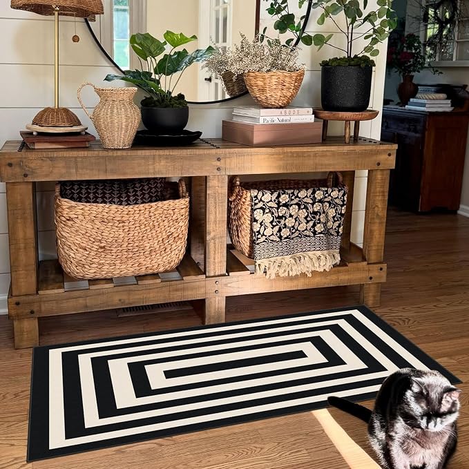 Front Door Mat Indoor Entrance - 2x4.3 Ft Modern Washable Layered Doormat Outdoor Entrance Porch Rug Non-Slip Black White Geometric Runner Rug for Kitchen Bedroom Laundry Room Porch Decor