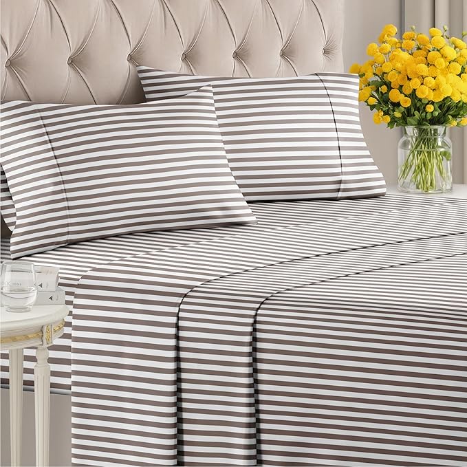 Striped Sheets - Brown Striped Sheets - 1 Flat & 1 Fitted & 2 Pillowcases w/ Deep Pockets – Comfy, Wrinkle & Fade Free - Ultra-Soft, Breathable & Cooling – Luxury Pinstripe Bedding - Full Size Bed Set