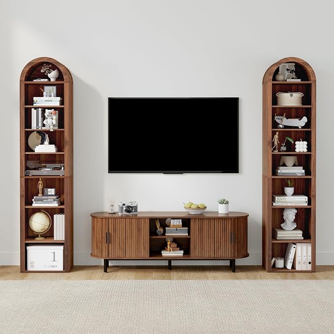 Tall Narrow Arched Bookshelf, 8-Tier Skinny Arch Bookcase for Small Space, Freestanding Storage Organizer with Adjustable Shelves, Open Display Shelves for Living Room, Entryway (Walnut)