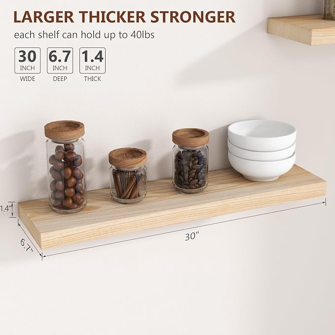 fuqing 30 Inch Floating Shelves | Natural Wood Wall Shelves Set of 2 | 30" W x 6.7" D Natural Wooden Floating Shelves for Living Room Bedroom Home Office