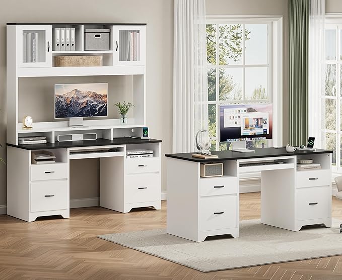 Bestier 59” Computer Desk with 4 Drawers, Office Desk with Storage, Modern Executive Desk with Charging Station, Keyboard Tray & Wooden Pedestals on Both Sides for Home Office & Studio, White