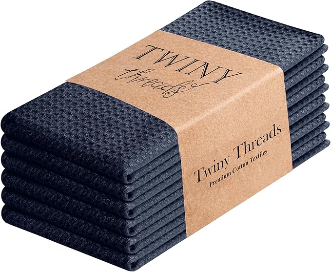 TWINY threads Waffle Kitchen Towel Set of 6, 16x26 Inches, Premium Large 100% Cotton Dishcloths with Hanging Loop, Absorbent, Quick Drying Cloths for Drying Dishes, Washable, Reusable, Navy Blue