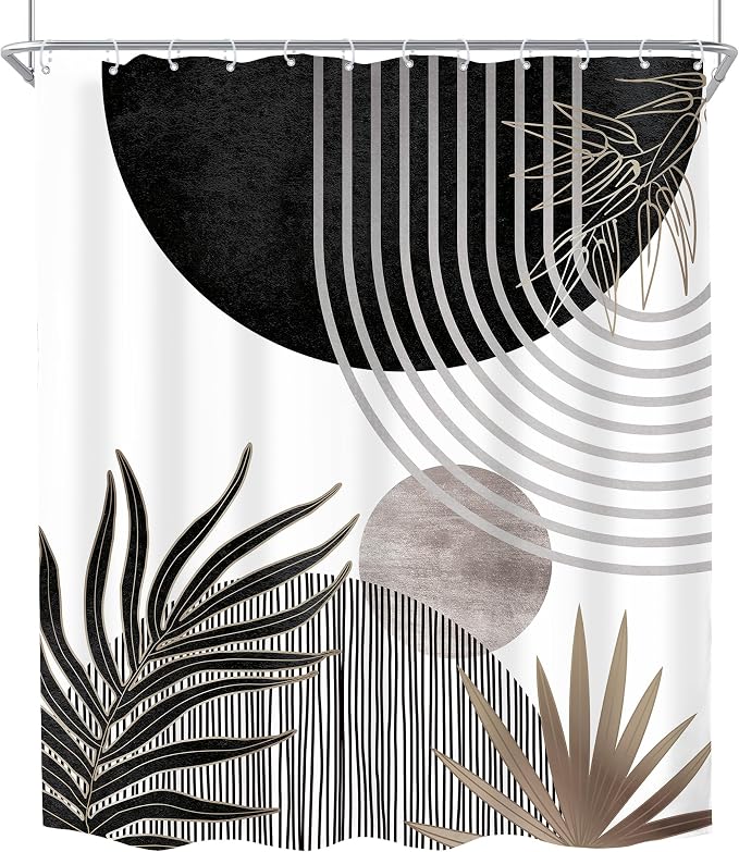 KOMLLEX Mid Century Black Grey Boho Shower Curtain 60Wx72L Inches Abstract Modern Shower Curtains for Bathroom Decor Plant Dark Grey Minimalist Arch Sun Fabric Liner Waterproof Polyester 12 Pack Hooks