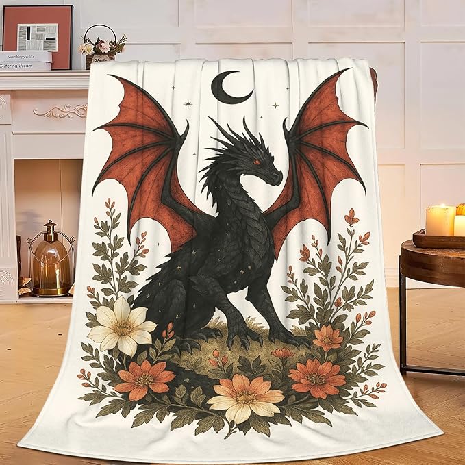 Black Dragon Blanket Floral Dragon Throw Blanket Soft Cozy Fleece Fuzzy Stuffed Plush Flannel Gifts for Girls Women Boys Kids Adults 60"X80"