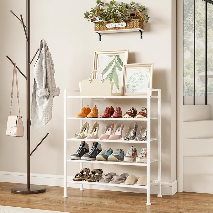 DongRong 5 Tier Shoe Rack,Metal Shoe Storage Organizer Shelf for Closet,Entryway, Garage,Narrow Space(White, 5 Tier)