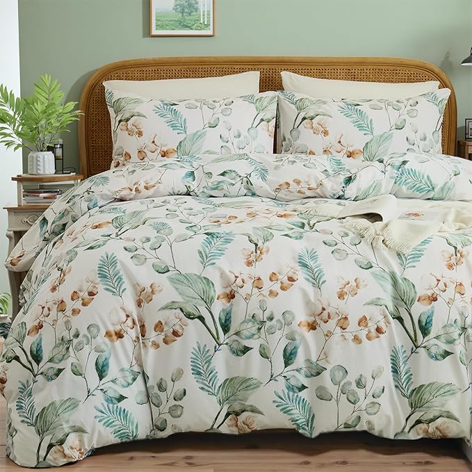 100% Cotton Duvet Cover King Size – Eucalyptus Botanical Print Green Floral Duvet Cover Set, 3-Piece Soft Breathable Natural Premium Cotton Bedding Set for All Seasons