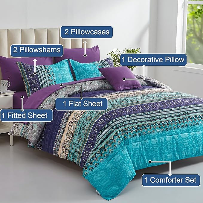 Cottolester Boho Comforter Set Full Size 8 Piece Bed in a Bag Bohemian Striped Bedding Quilt Set Aqua Paisley Floral Comforter and Sheet Set,Soft Microfiber Complete Bedding Sets for All Season