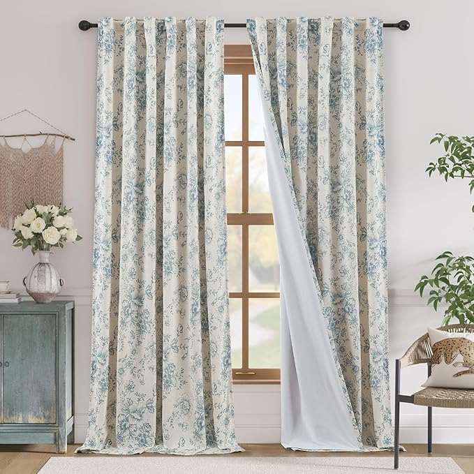 jinchan Blackout Linen Blend Curtain Floral Blackout Curtains for Living Room 96 Inch Length Blue Printed with Lined Blackout Curtain for Bedroom Farmhouse Curtains Set 2 Panels