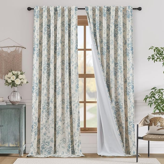 jinchan Blackout Linen Blend Curtain Floral Blackout Curtains for Living Room 96 Inch Length Blue Printed with Lined Blackout Curtain for Bedroom Farmhouse Curtains Set 2 Panels