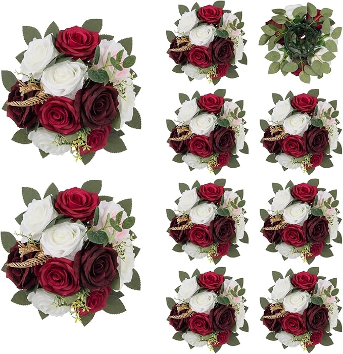 BLOSMON Artificial Flowers Ball Wedding Centerpieces 10 Pcs Burgundy Rose Artificial Flower Center Pieces Decoration for Table Silk Kissing Ball Faux Floral Bouquet Arrangements Home Party DIY Decor