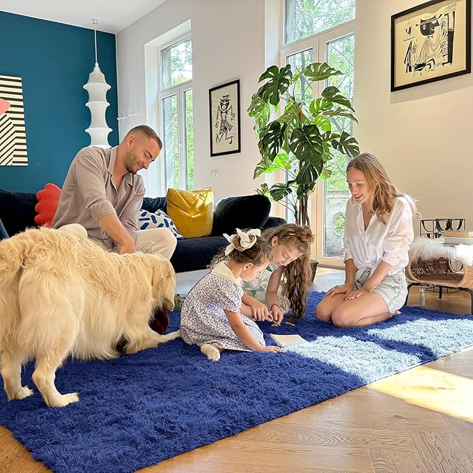 OLANLY 4x4 Machine Washable Accent Rug, Soft Fluffy Shaggy Area Rug for Bedroom, Living Room, Indoor Floor Carpet for Kids, Nursery, Home Decor, Navy Blue