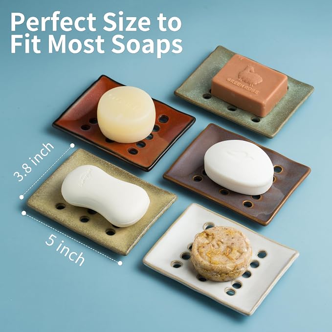 Ceramic Soap Dish with Self Drain for Shower, Bar Soap Holder to Lift and Keep Dry, Concave Design to Prevent Slipping, Suitable for Kitchen and Bathroom, Green