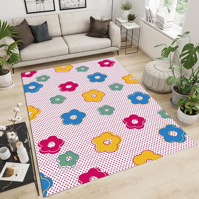 Cartoon Cute Flowers Area Rug, Pink Polka Dot Background Non Slip Decorative Rugs, Breathable Durable Carpet for Indoor Bedroom Living Room Sofa Office Floor Rug - 3 ft x 4 ft