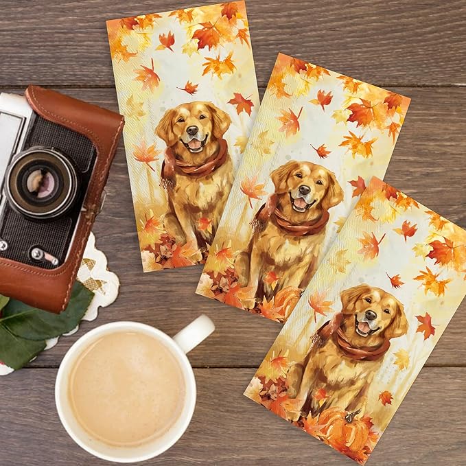 100pcs Maple Leaves Golden Retriever Napkins 3-Ply Thanksgiving Napkins for Decoupage Disposable Guest Hand Towels for Bathroom Home Kitchen Table Harvest Party