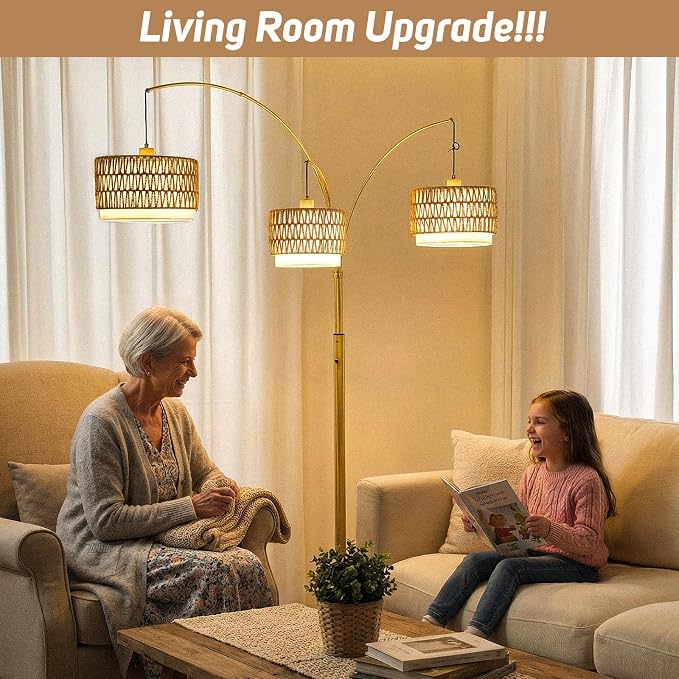Arc Floor Lamp for Living Room, 80 Inch Gold Rattan Floor Lamp with Rotary Switch, 3 Lights Boho Tall Lamp with Wicker Shade for Coastal,Bohemian,Tree Farmhouse Standing Lamp