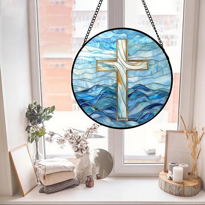 Christian Gifts for Women - Blue Cross Stained Glass Window Hanging Jesus Easter Ocean Waves Sun Catcher Garden Religion Decor Mother's Day Catholic Gift for Men Grandma Mom Her Nana 7.8"