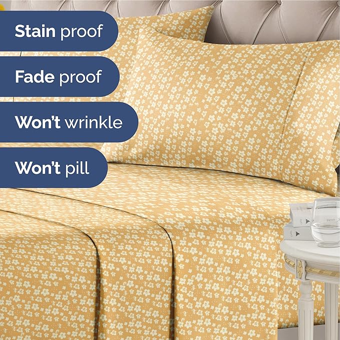 Floral Sheets - Yellow Floral Bed Sheet Set - 1 Flat, 1 Fitted & 2 Pillowcases w/ Deep Pockets - Comfy, Wrinkle & Fade Free - Boho Botanical Bedding - Ultra-Soft, Breathable & Cooling - King Size Set