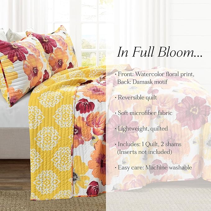 Lush Decor Leah Reversible Floral Quilt Set, 3 Piece Set, King, Red & Orange - Watercolor Botanical - Cottage Core - French Country Decor- Bedding Queen Size