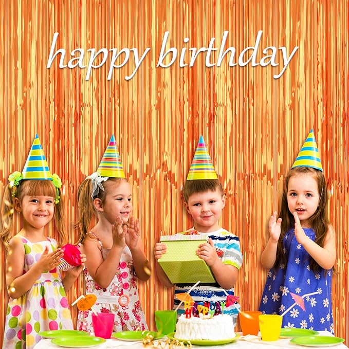 2 Pack 3.2x8.2 Feet Orange Foil Fringe Backdrop Curtains, Metallic Tinsel Photo Booth Backdrop Streamers Birthday Party Decorations, Halloween Baby Shower Disco Basketball Party Supplies