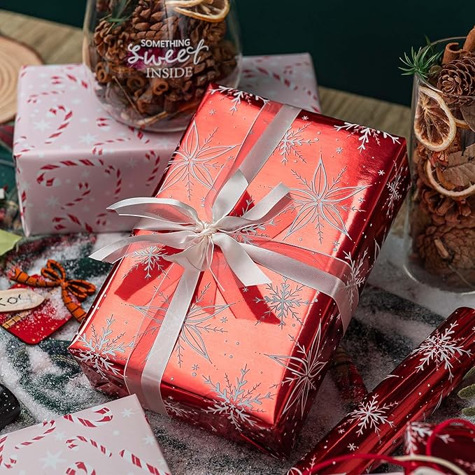 MAYPLUSS Red Christmas Wrapping Paper Roll - 17IN X 33FT - Christmas Gift Wrapping Paper Featuring White Snowflake Reversible Candy Cane for Kids, Holiday, New Year