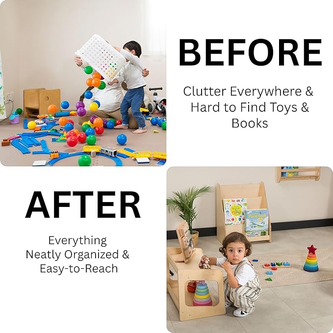 Montessori Bookshelf for Toddlers Solid Wood Toy Storage Shelf Organizer for Playroom and Classroom Floor Bookshelf for Kids Room (Natural, 2-Shelves)