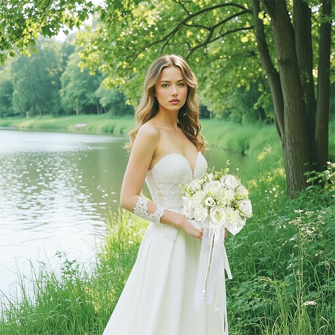 8.6 Inch Wedding Bouquets for Bride Bridesmaid, Ivory White Green Bouquet with Pearl Chains Artificial Fake Silk Roses Flowers for Wedding Boho Rustic Church Decoration Toss Bouquet