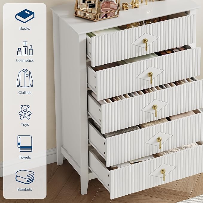GarveeHome Fluted Dresser for Bedroom, 42.9" Tall 5-Drawer Wood Dresser, Modern Chest of Drawers, Storage Organizer Cabinet for Living Room, Hallway, Entryway, White