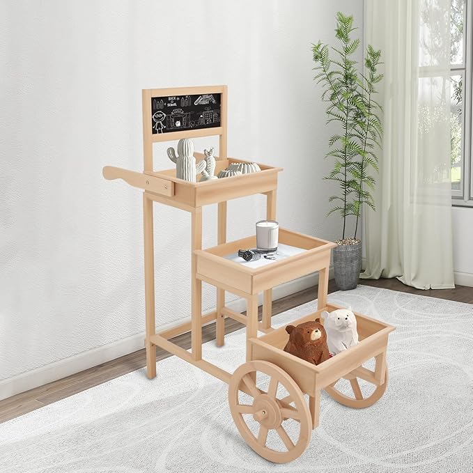 Flower Display Stand | 3-Tier Wood Flower Cart | Flower Cart Display Stand with Wheels | Ladder Shaped Plant stand | Market flower display Stand | Handle & Blackboard (Wood Color)