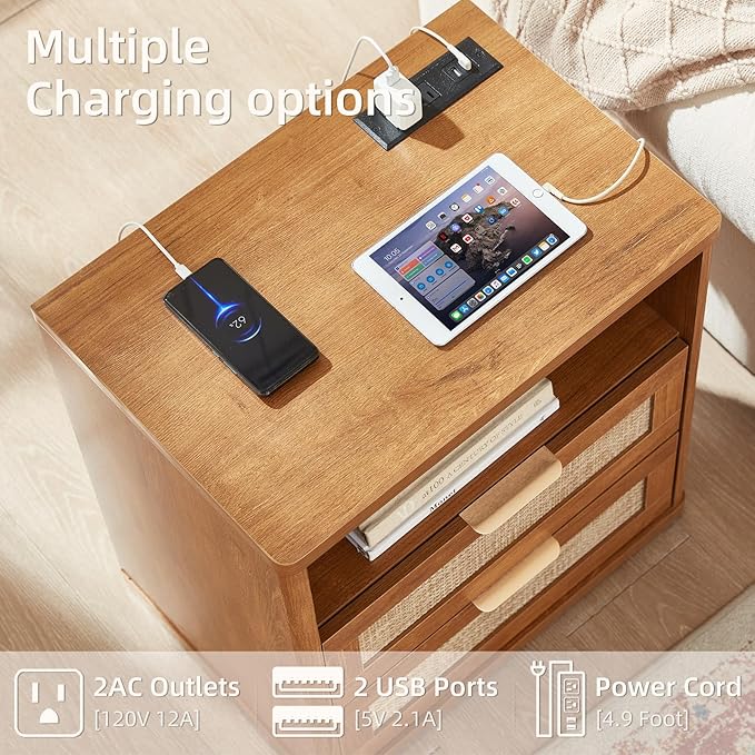 LEYAOYAO Rattan Nightstands Set of 2 with Charger Station, 23" Wide Boho Night Stand with 2 Drawers, Natural Wood Bedside Table Open Shlef, Bed Side End Table Dresser for Bedroom, Living Room Hallway