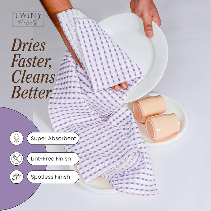 TWINY threads Waffle Weave Kitchen Towels Set of 4, Premium 100% Cotton, 16x26 Inches Dishcloths Pack, Ultra Absorbent & Quick Dry Wash Rags for Home Kitchens, Lavender, White
