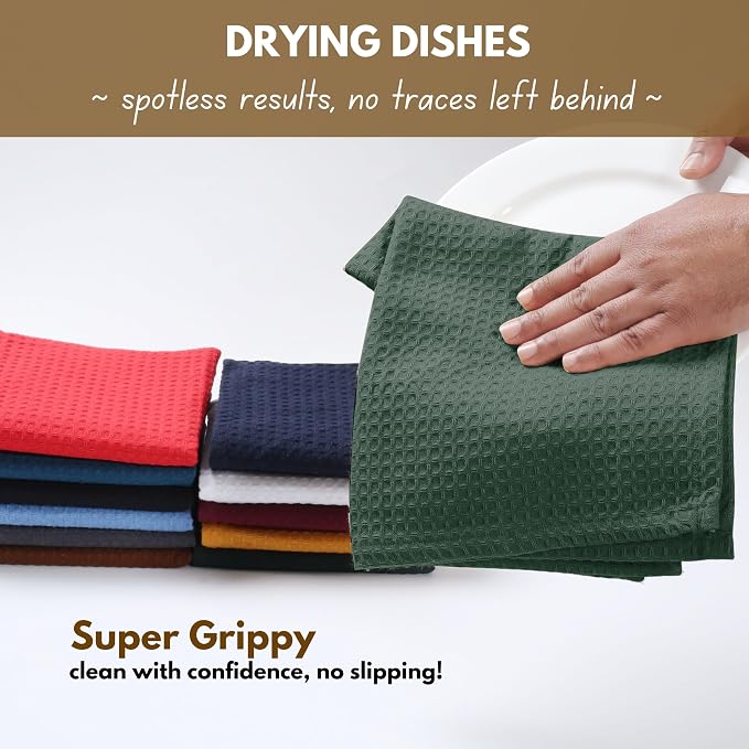 Native Fab 12 Pack Waffle Dish Cloths - 100% Cotton, Absorbent, Fast Drying, Reusable Towels for Cleaning, Cooking - Great for Everyday Use, Home, Restaurants, Bars & Cafes - 12" x 12" - Forest Green