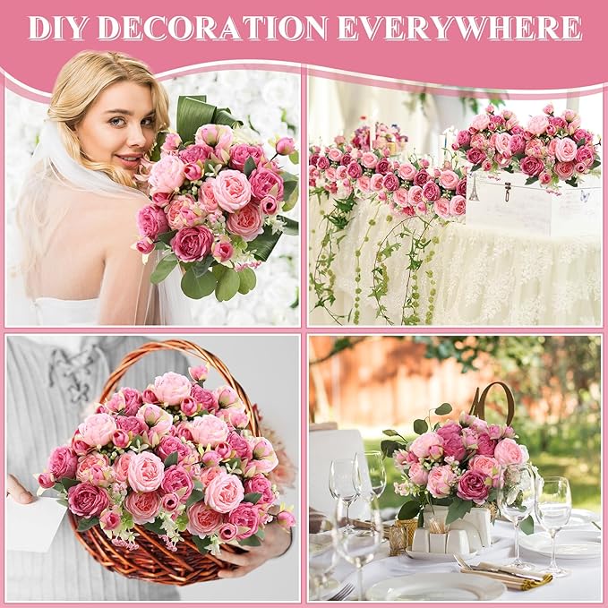 16 Bundles Artificial Peonies Silk Peonies Faux Flower Bouquet Fake Peony Flower Arrangements Table Centerpieces for Vase Wedding Party Boho Home Office Decoration Bulk (Rose Red, Pink)