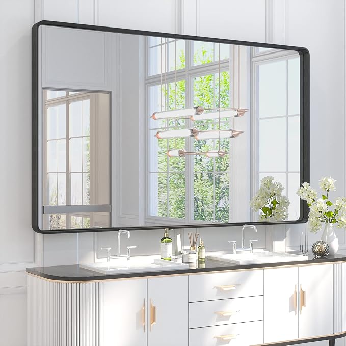 TETOTE 60 x 36 Inch Bathroom Mirror, Matte Black Metal Frame Modern Farmhouse Decorative Rectangle Wall Mirror for Double Vanity (Horizontal/Vertical)