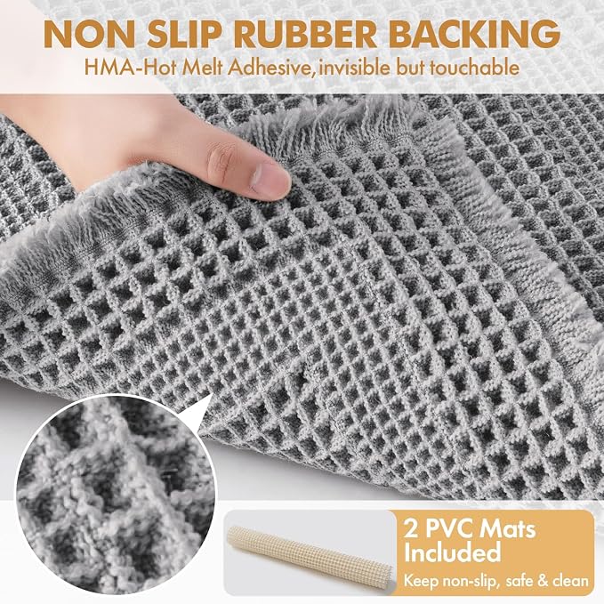 MIULEE Set of 2 Waffle Bathroom Rugs, Boho Bath Rug Super Absorbent, Non Slip Washable Ultra Soft Rubber Backed Shower Bath Mats for Floor, Tub, Shower, Looped Design, Light Grey, 17"x24"+18"x30"