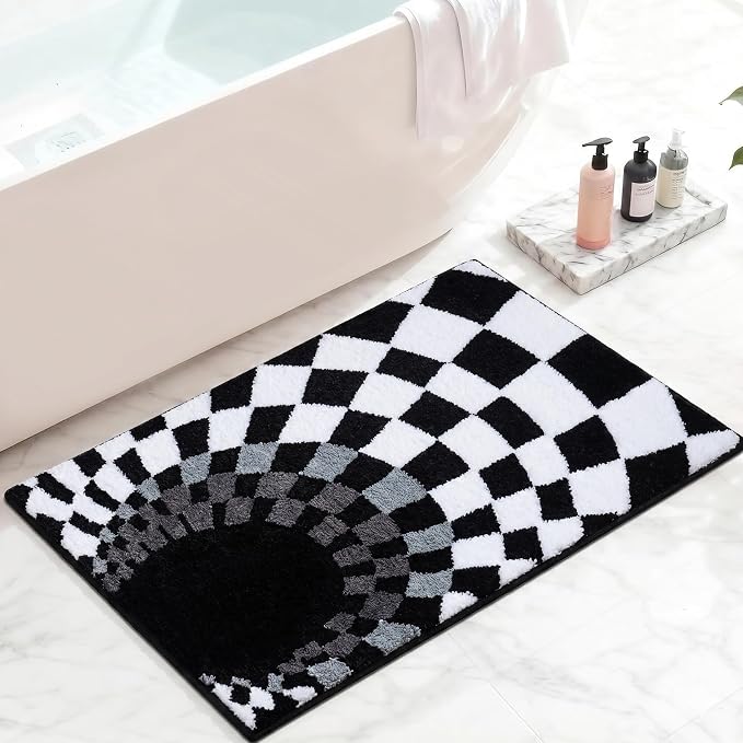 Non Slip Tufted Checkered Bath Mat, Cute Funky Microfiber Absorbent Bath Rug for Bathroom Sink, Toilet, High Pile Black and White Checkerboard Rug, Machine Washable, 16"x24"