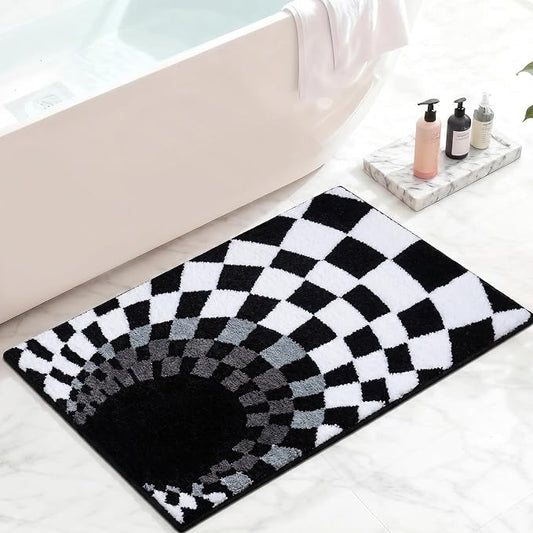 Non Slip Tufted Checkered Bath Mat, Cute Funky Microfiber Absorbent Bath Rug for Bathroom Sink, Toilet, High Pile Black and White Checkerboard Rug, Machine Washable, 16"x24"