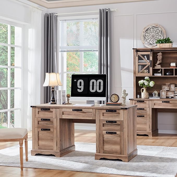 RedLemon 60" Farmhouse Executive Desk, Home Office Desk with Drawers, Charging Station, Keyboard Tray, File Drawer, Storage Cabinet, Wood Rustic Computer Writing Desk (Natural Oak)