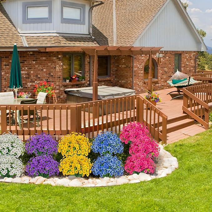 Outdoor Artificial Flowers 21 UV Resistant Bundles Fake Flower Plastic Plants Faux Silk Flowers Porch Hanging Garden Porch Window Box Decorating (Yellow)