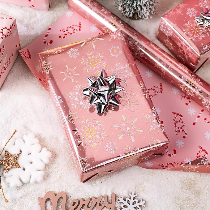 MAYPLUSS Pink Christmas Wrapping Paper Roll - 17IN X 33FT - Gift Wrapping Paper Featuring Gold and White Snowflake Reversible Candy Cane for Kids, Holiday, New Year