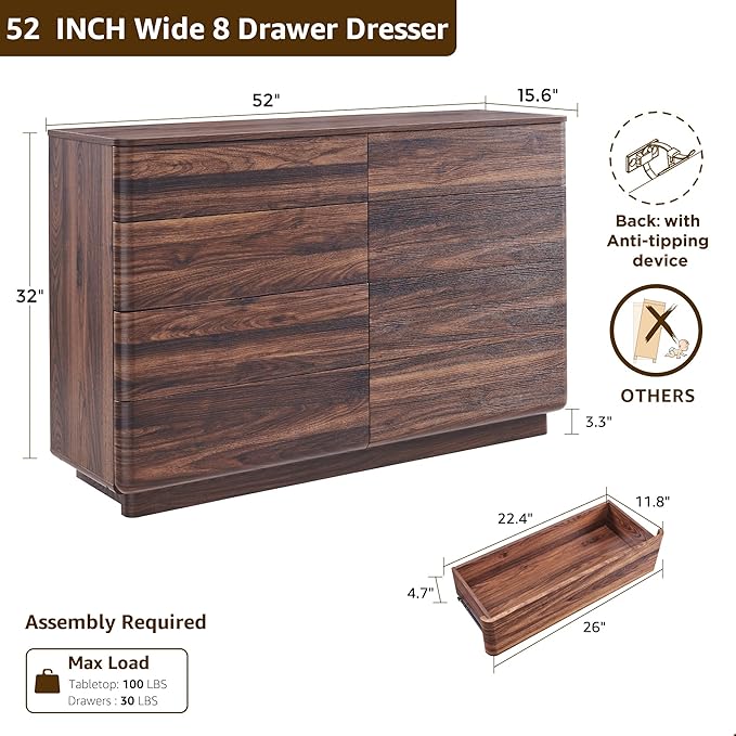 JXQTLINGMU 8 Drawer Dresser for Bedroom, Modern Push-to-Open Chest of Drawers, Large Wood Storage w/Curved Profile & Handleless Design, 52" Wide Dresser TV Stand for Bedroom, Living Room, Brown
