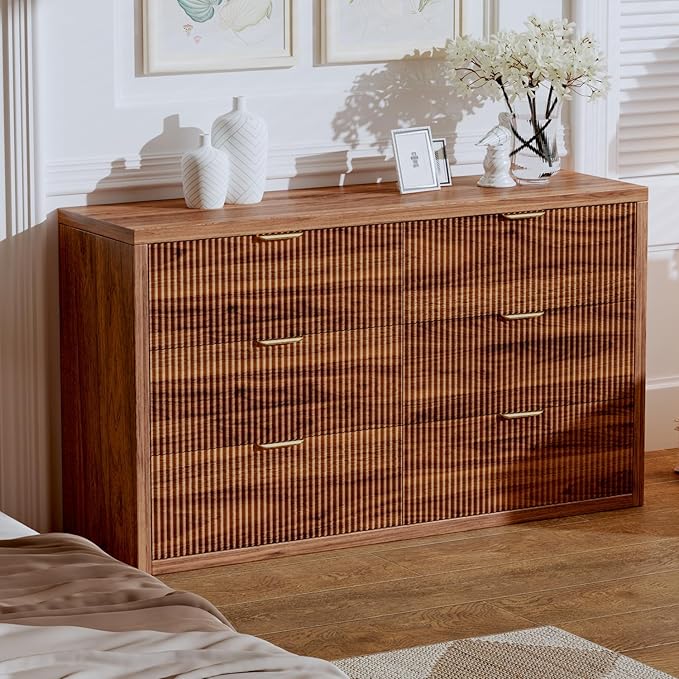 55.12" Modern Chest of Drawer, 6 Deep Drawers,Clothes Organizer,Large Storage Cabinet for Living Room, Bedroom,Dresser TV Stand, Wood Drawer Organizer for Living Room, Hallway, Saddle