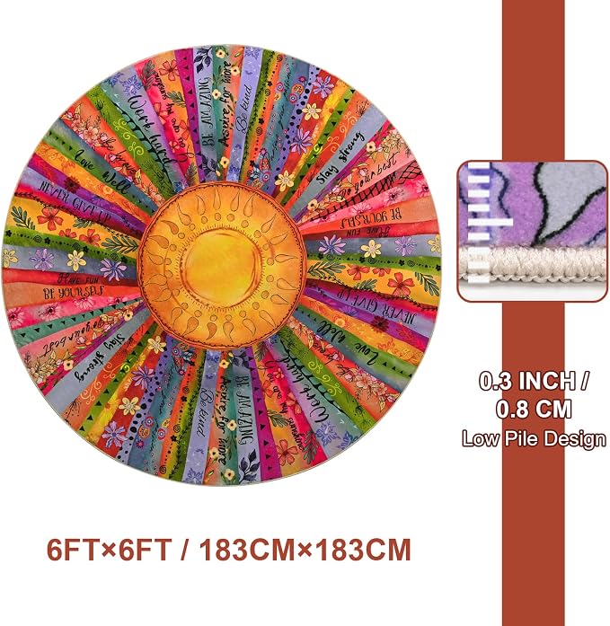 Likiyol Sun Round Rug 6Ft Non Slip Washable Round Area Rug for Living Room, Soft Faux Wool Inspirational Bedroom Rugs Colorful Rugs Low Profile for Dining Room, Kids Room Home Office Decor