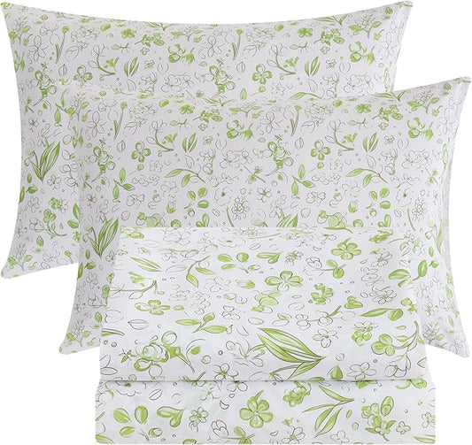 Bedlifes Queen Sheet Set Ultra Soft, Breathable, Silky Flower Deep Pocket 100% Microfiber Bedding, 4 Piece Queen Size Green Floral